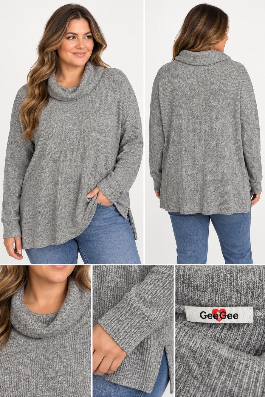 GeeGee Gray Ribbed Cowl Turtleneck Oversized Sweater – Size 1XL